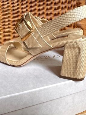 Jimmy Choo Cream Textured Block Heel Sandals with Gold Buckle